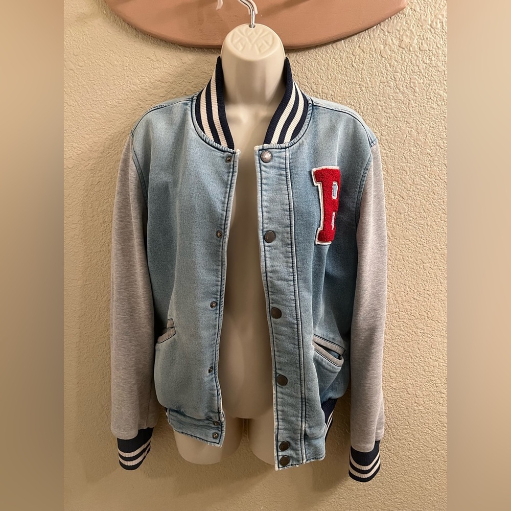 Bershka Light Blue Denim Jacket with Striped Collar